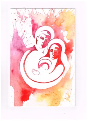 Aquarellbild des heiligen Paares mit Kind in kräftigen Rottönen